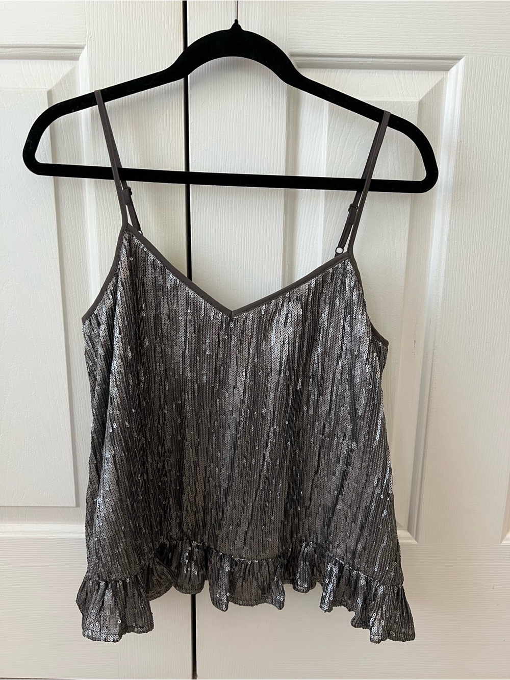 Anthropologie Dark Grey Silver Sequin Ruffle-Hem Camisole
